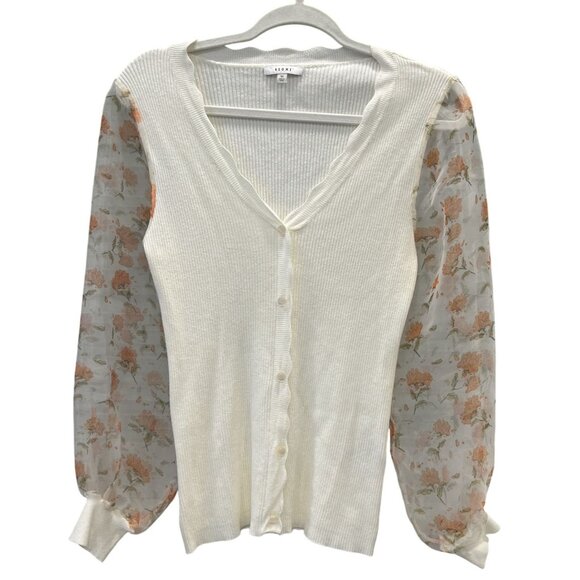 Sioni Womens Medium White Cardigan With Sheer Floral Sleeves Feminine Buttons GU - Picture 2 of 7